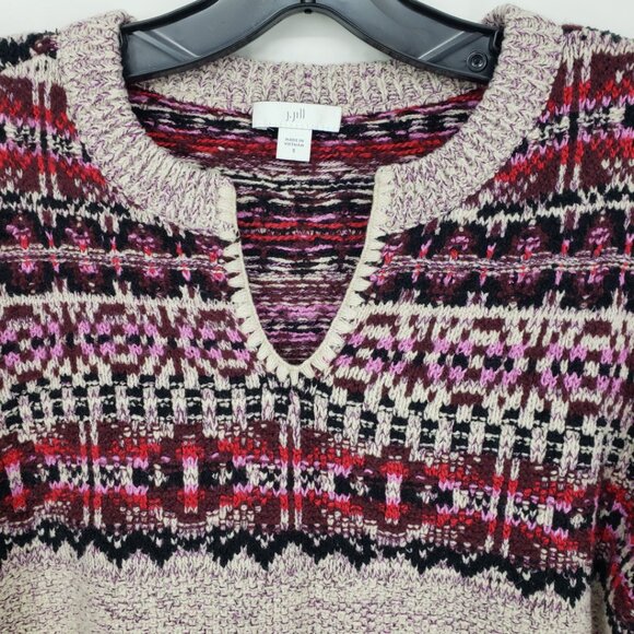 J Jill Fair Isle Tunic Sweater S Cotton Blend Nordic Pullover Tan Purple Red - Picture 6 of 7